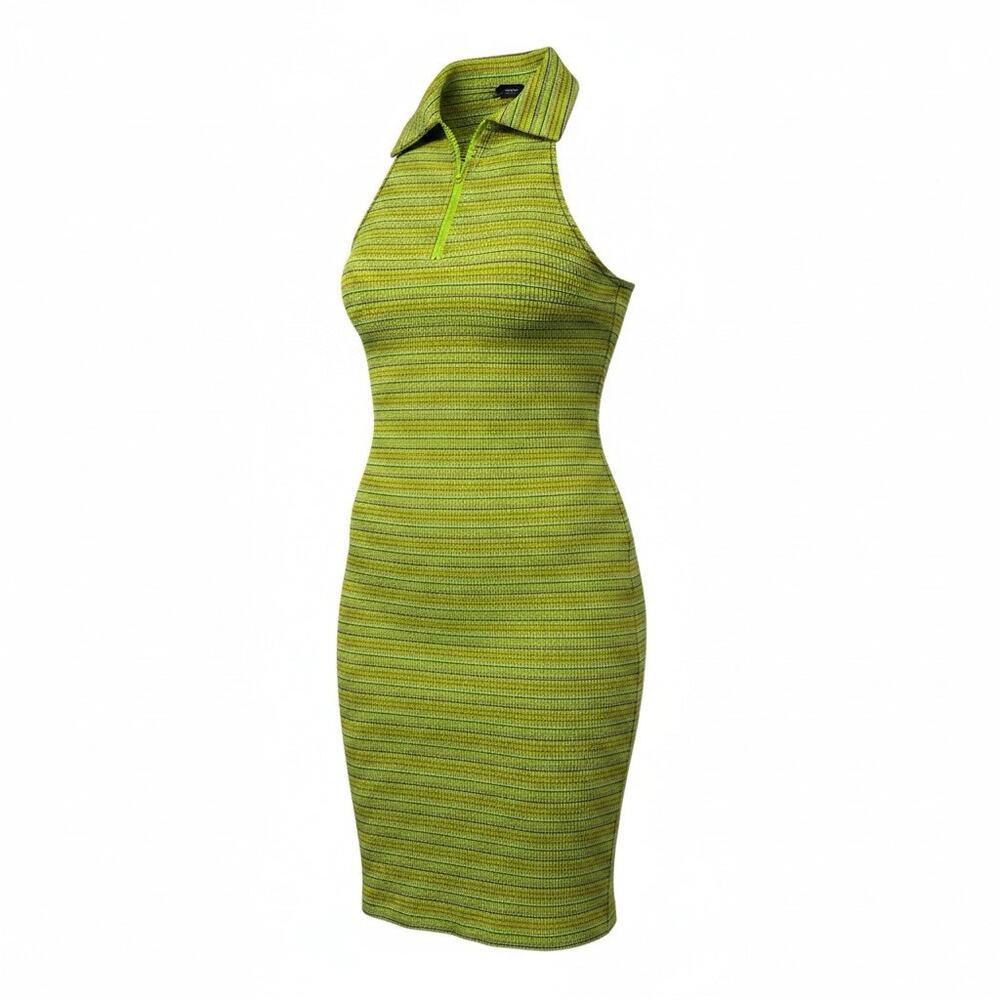 Wild Fable Neon Lime Striped RIbbed Zip- Collar Mini Dress Size Medium